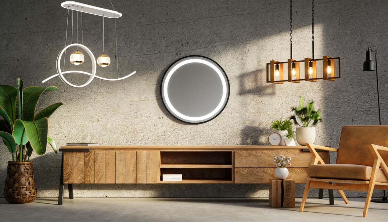 Lámpara de techo colgante decorativa en living moderno con iluminación cálida y diseño elegante para el hogar